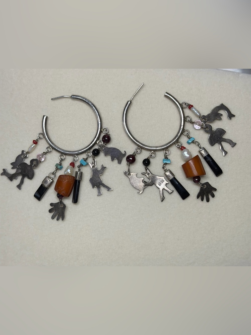 Vintage Sterling Silver 925 Southwestern Storyteller Charm Hoop Earrings
